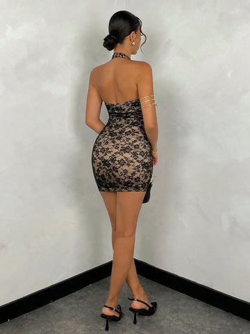Summer Solid Color Sexy Lace Hollow Out Front Cross Tie Nightclub Party Women's Dress
