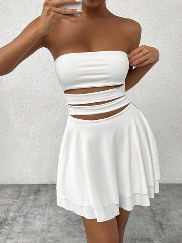Summer Solid Color Strapless Pleated Dress With Hollow-Out Design