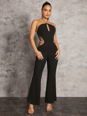 Summer Vacation Halterneck Black Tight-Fitting Cross-Strap Waist-Side Hollow Trumpet Jumpsuit