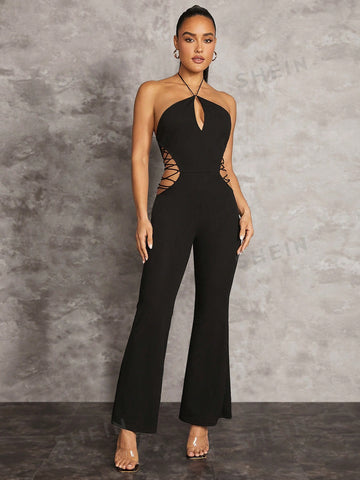 Summer Vacation Halterneck Black Tight-Fitting Cross-Strap Waist-Side Hollow Trumpet Jumpsuit