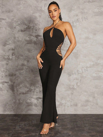 Summer Vacation Halterneck Black Tight-Fitting Cross-Strap Waist-Side Hollow Trumpet Jumpsuit