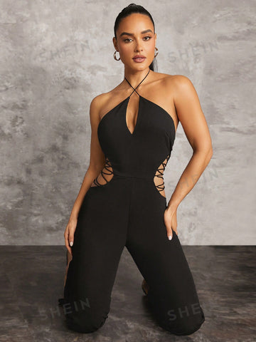 Summer Vacation Halterneck Black Tight-Fitting Cross-Strap Waist-Side Hollow Trumpet Jumpsuit