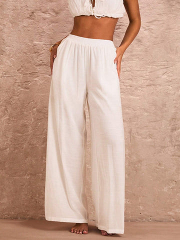 BAE Summer White High Waist Wide Leg Pants With Pockets, Suitable For Beach Vacation, Romantic Date And Daily Outfit