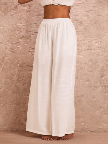 BAE Summer White High Waist Wide Leg Pants With Pockets, Suitable For Beach Vacation, Romantic Date And Daily Outfit