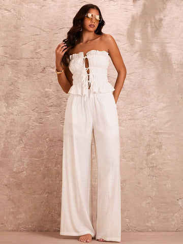 BAE Summer White High Waist Wide Leg Pants With Pockets, Suitable For Beach Vacation, Romantic Date And Daily Outfit