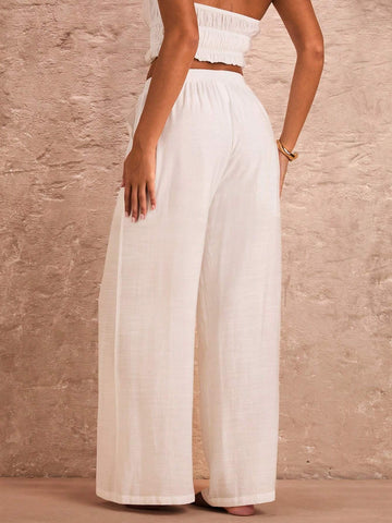 BAE Summer White High Waist Wide Leg Pants With Pockets, Suitable For Beach Vacation, Romantic Date And Daily Outfit