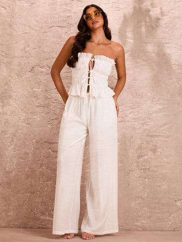 BAE Summer White High Waist Wide Leg Pants With Pockets, Suitable For Beach Vacation, Romantic Date And Daily Outfit
