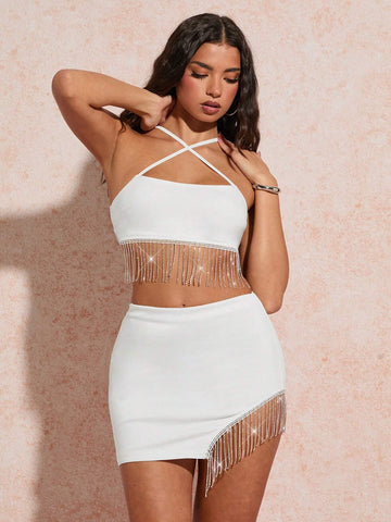 Summer White Rhinestone Chain Decor Strapless Cross-Neck Vest & Asymmetric Split Hem Rhinestone Chain Embellished Skirt Set For Women, Perfect For Nightclubs, Parties And Beach Holidays