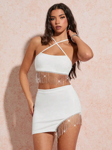 Summer White Rhinestone Chain Decor Strapless Cross-Neck Vest & Asymmetric Split Hem Rhinestone Chain Embellished Skirt Set For Women, Perfect For Nightclubs, Parties And Beach Holidays