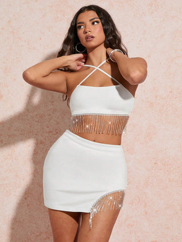 Summer White Rhinestone Chain Decor Strapless Cross-Neck Vest & Asymmetric Split Hem Rhinestone Chain Embellished Skirt Set For Women, Perfect For Nightclubs, Parties And Beach Holidays