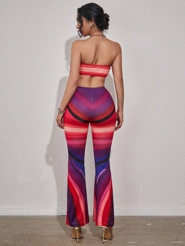 Summer Women's Sexy Color Block Striped Hollow Out Strapless Jumpsuit