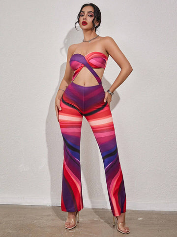 Summer Women's Sexy Color Block Striped Hollow Out Strapless Jumpsuit