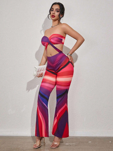 Summer Women's Sexy Color Block Striped Hollow Out Strapless Jumpsuit