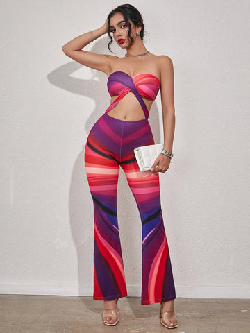 Summer Women's Sexy Color Block Striped Hollow Out Strapless Jumpsuit