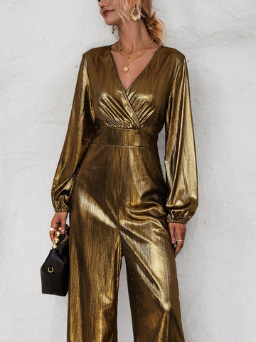 Surplice Neck Lantern Sleeve Wide Leg Jumpsuit