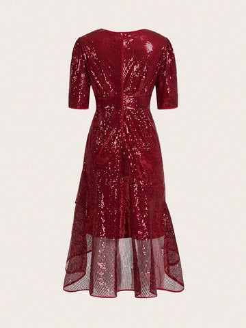 Surplice Neck Ruffle Hem Sequin Dress