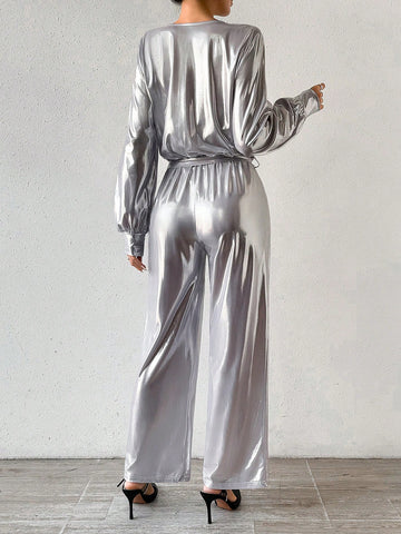 Surplice Neckline Lantern Sleeve Jumpsuit With Waist Belt