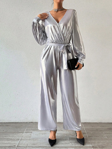Surplice Neckline Lantern Sleeve Jumpsuit With Waist Belt