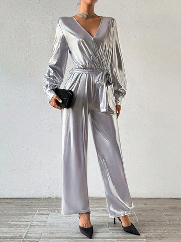 Surplice Neckline Lantern Sleeve Jumpsuit With Waist Belt