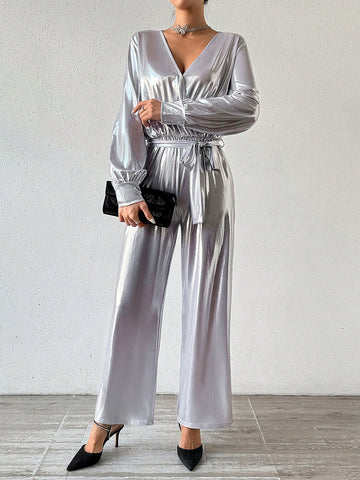 Surplice Neckline Lantern Sleeve Jumpsuit With Waist Belt