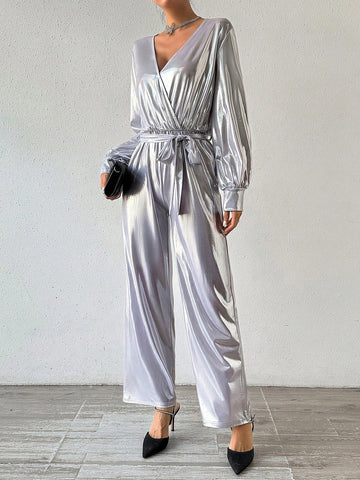 Surplice Neckline Lantern Sleeve Jumpsuit With Waist Belt