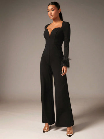 Sweetheart Neck Fuzzy Cuff Wide Leg Jumpsuit