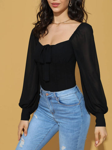 BAE Sweetheart Neck Knot Front Chiffon Blouse