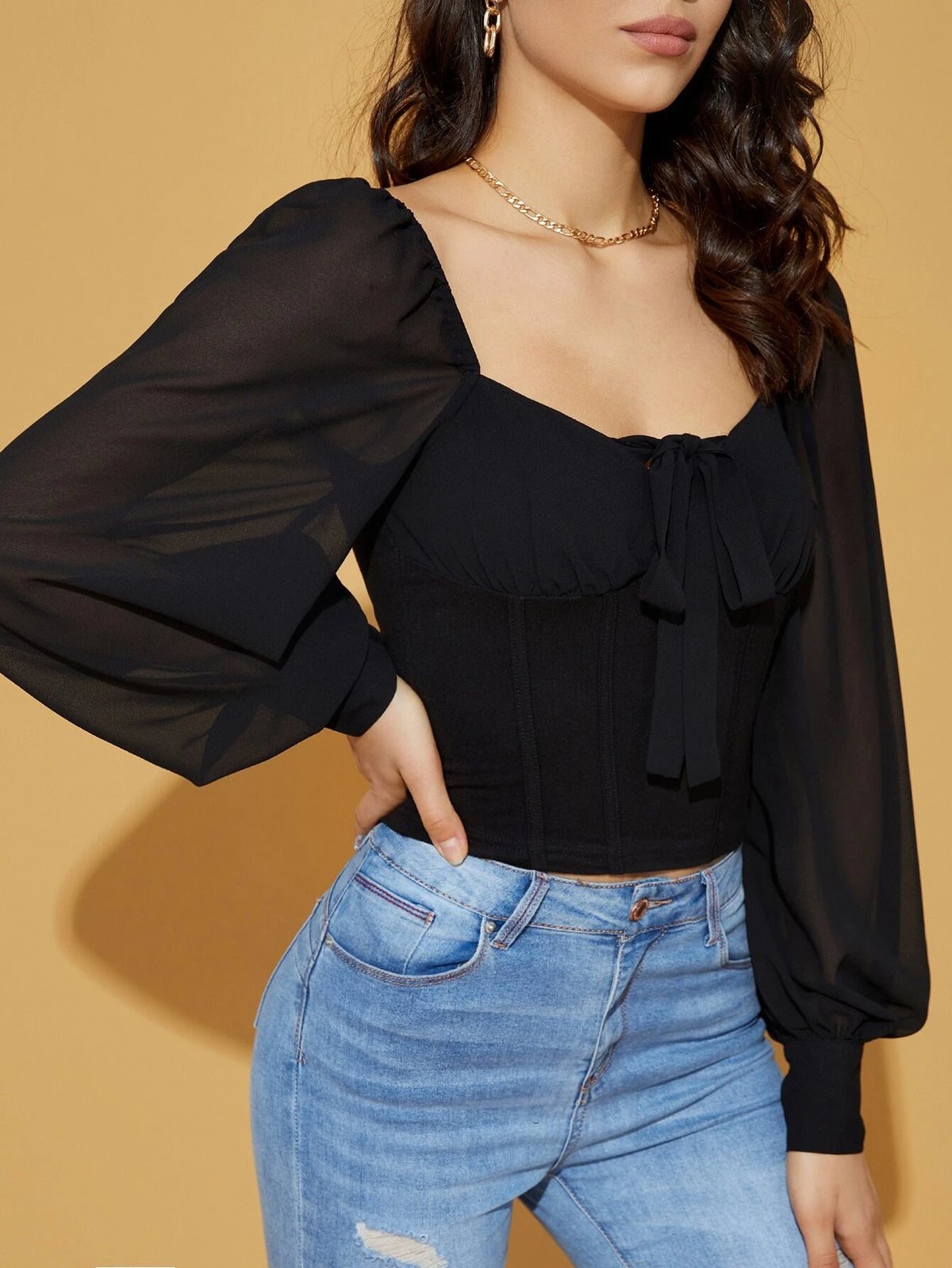 BAE Sweetheart Neck Knot Front Chiffon Blouse