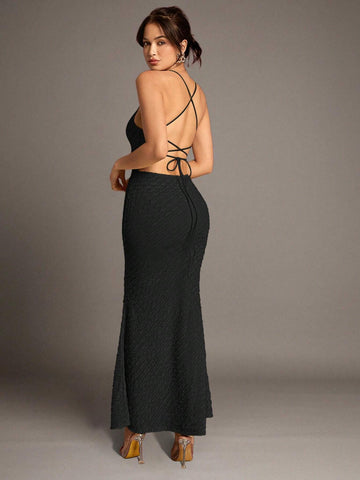 Textured Large Backless Cross Strap Fishtail Suspender Long Women's Dress