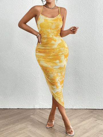 Tie-Dye Lnk Print Mesh Bodycon Sleeveless Pleated Dress Maxi Skirt