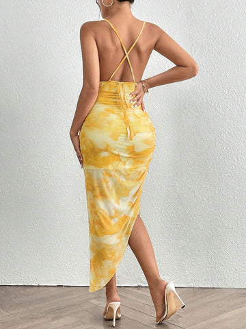 Tie-Dye Lnk Print Mesh Bodycon Sleeveless Pleated Dress Maxi Skirt