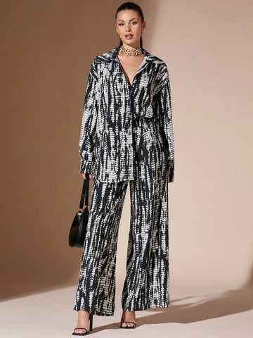 BAE Tie-Dye Pattern Wide Leg Casual Pants For Women, Elastic Waist, Loose, Elegant