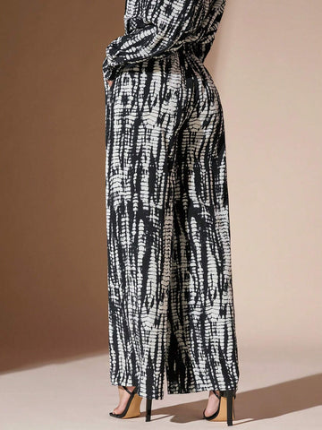 BAE Tie-Dye Pattern Wide Leg Casual Pants For Women, Elastic Waist, Loose, Elegant