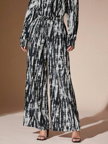 BAE Tie-Dye Pattern Wide Leg Casual Pants For Women, Elastic Waist, Loose, Elegant