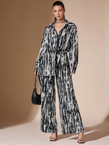 BAE Tie-Dye Pattern Wide Leg Casual Pants For Women, Elastic Waist, Loose, Elegant