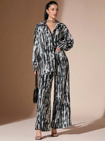 BAE Tie-Dye Pattern Wide Leg Casual Pants For Women, Elastic Waist, Loose, Elegant