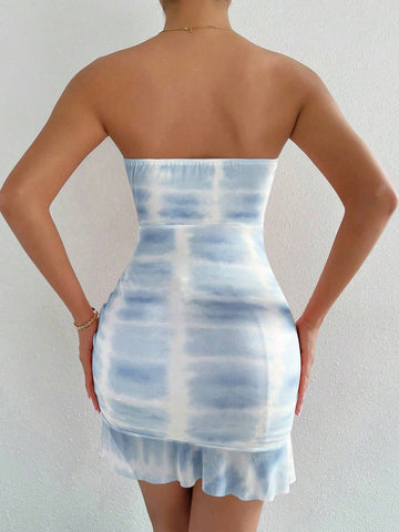 Tie-Dye Pleated Mesh Splice Strapless Dress SKU: sz2405135471188105