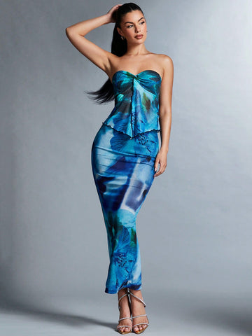 Tie-dye Strapless Crop Top & Skirt Set