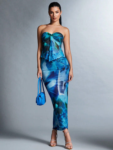 Tie-dye Strapless Crop Top & Skirt Set