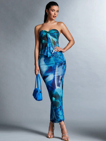 Tie-dye Strapless Crop Top & Skirt Set