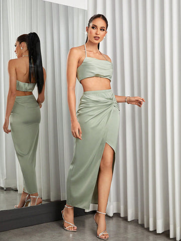 Tie Backless Crop Halter Top & Twist Front Split Thigh Skirt