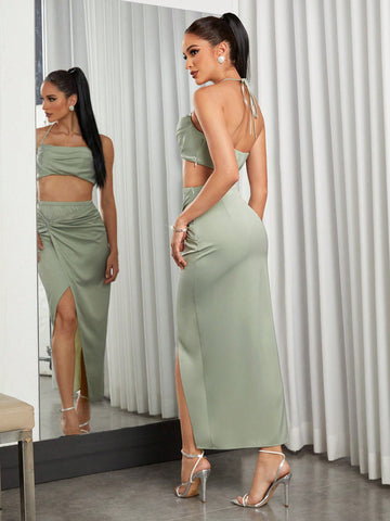 Tie Backless Crop Halter Top & Twist Front Split Thigh Skirt