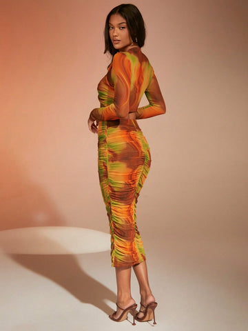 Tie Dye Crop Top & Ruched Pencil Skirt
