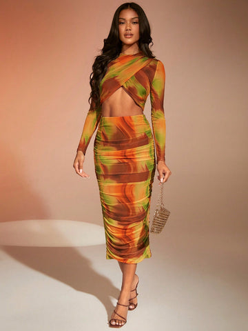 Tie Dye Crop Top & Ruched Pencil Skirt