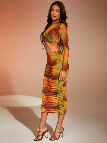 Tie Dye Crop Top & Ruched Pencil Skirt