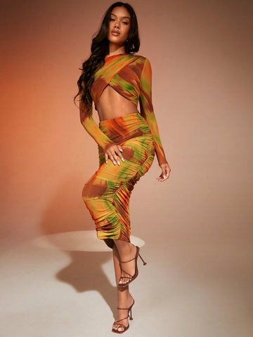 Tie Dye Crop Top & Ruched Pencil Skirt