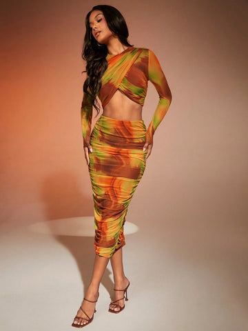 Tie Dye Crop Top & Ruched Pencil Skirt