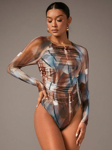 Tie Dye Ruched Side Raglan Sleeve Bodysuit