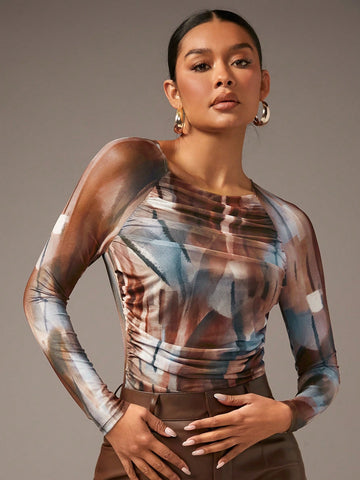 Tie Dye Ruched Side Raglan Sleeve Bodysuit