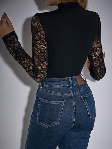 Tie Neckline Hollow Out Front Lace Bodysuit